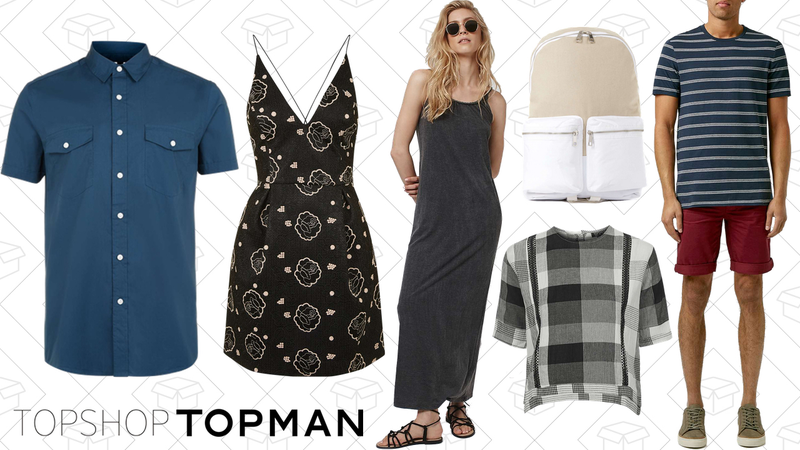 Navy Poplin Short Sleeve Casual Shirt, $27 | PETITE Rose Strappy Bonded Mini Dress, $45 | Plaited Strap Dress, $30 | Stone And White Canvas Backpack, $25 | Mix and Match Check Tee, $30 | Brown Long Length Chino Shorts, $25